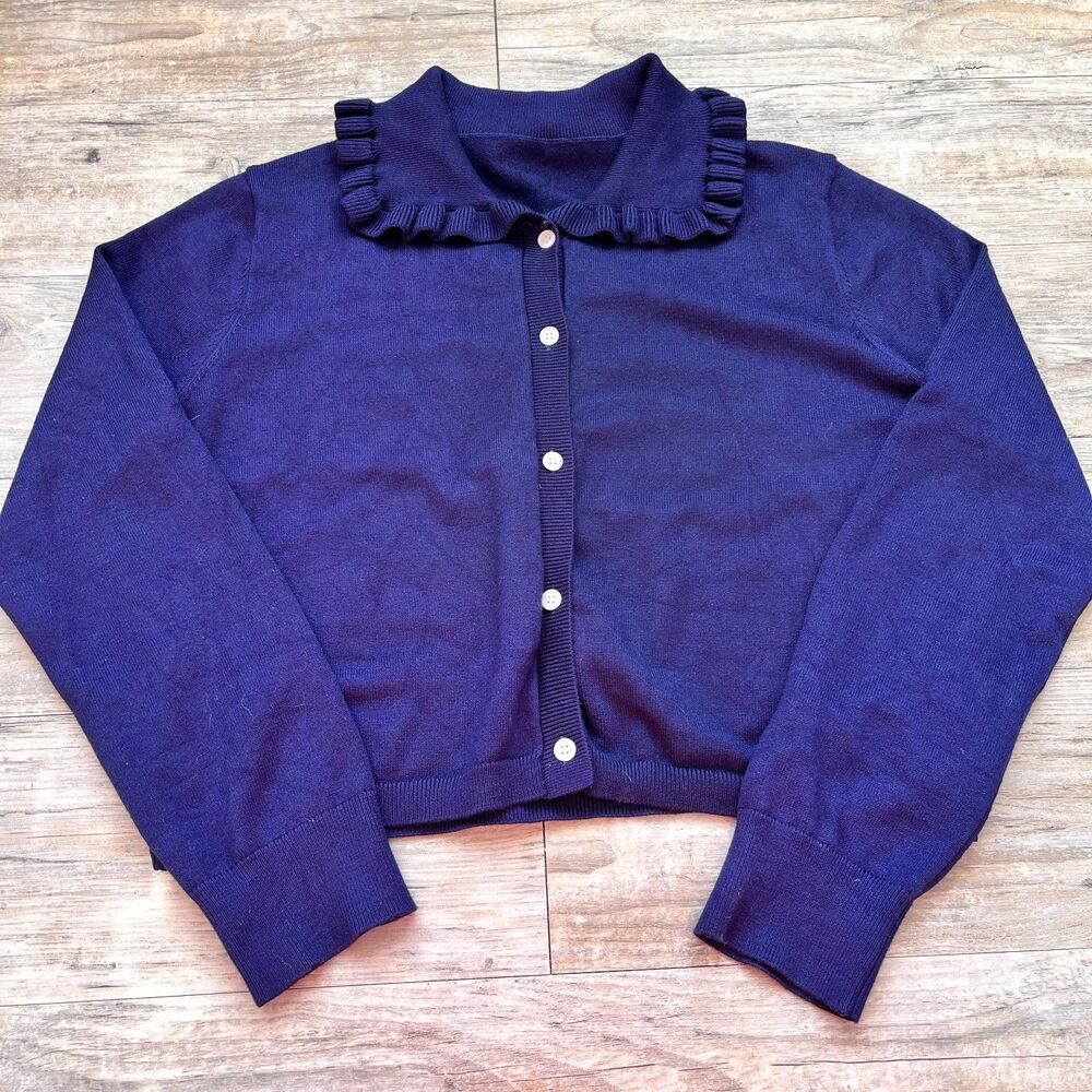 Navy Ruffle Collar Cardigan M Office Siren Blue Co-Preppy Button Sweater